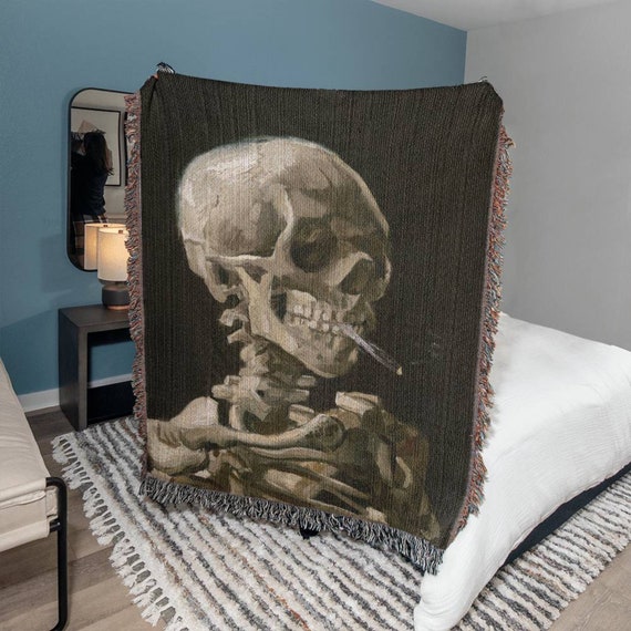 Woven Wall Hanging Gothic Tapestry Blanket, Skeleton with Cigarette Van Gogh Throw Blanket, Woven Tapestry, Horror Blanket, Whimsigoth Decor
