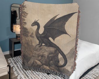 Medieval Dragon Woven Tapestry Blanket • Vintage Woven Dragon Blanket • Dragon on a Mountain Tapestry Wall Hanging • Medieval Décor