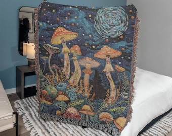 Starry Night Mushroom Blanket in William Morris Style, Fairycore Woven Wall Hanging Mushroom Forest Tapestry, Faux Embroidered