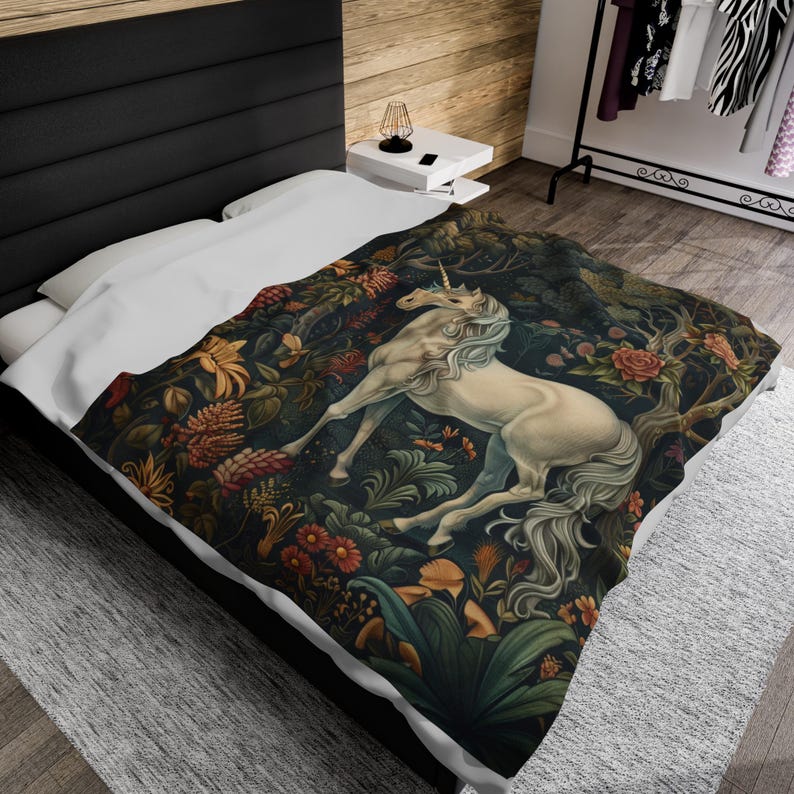 May include: A white unicorn with a golden horn stands in a lush forest with vibrant green leaves, red and yellow flowers, and a dark blue background. The unicorn is surrounded by a variety of plants and flowers.