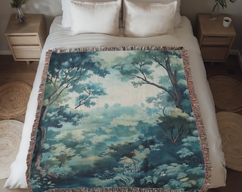Vintage French Forest Woven Tapestry Blanket • Verdure Tapestry Wall Hanging • Cottagecore Blanket • Antique Forest Tapestry