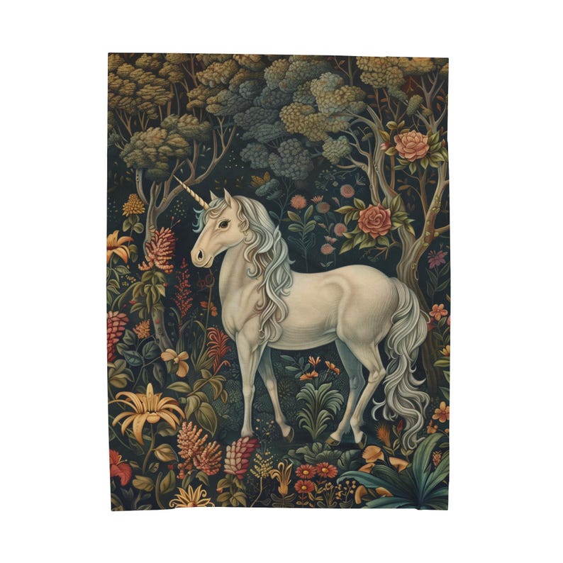 May include: A white unicorn with a golden horn stands in a lush forest setting. The unicorn is surrounded by colorful flowers and greenery, creating a magical and whimsical scene.