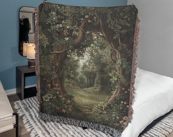 Enchanted Forest Tapestry Blanket • Woven Medieval Tapestry Wall Hanging • Nature Blanket • Forestcore • Cottagecore • Forest Blanket