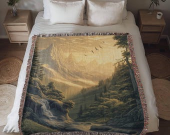 Medieval Mountain Tapestry Blanket • Woven Nature Blanket • Woven Wall Hanging Forest Tapestry • Nature Tapestry • Forest Blanket