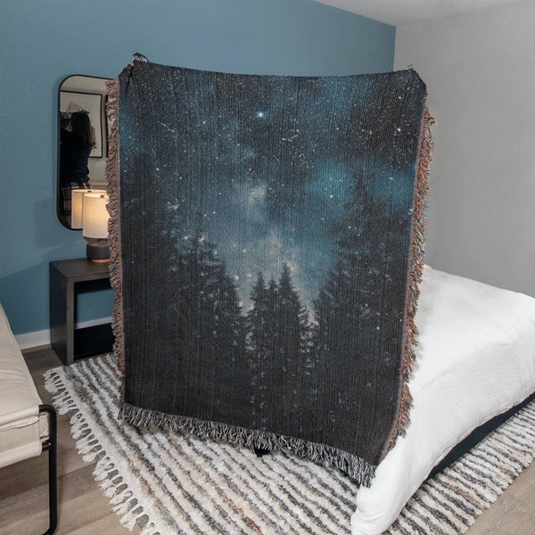 Starry Night Forest Tapestry Blanket • Woven Wall Hanging Aesthetic Tapestry • Nature Blanket • Forestcore Farmhouse Decor • Cottagecore