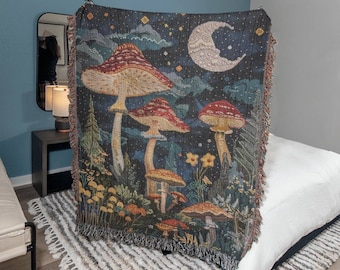 Vintage William Morris Style Mushroom Blanket, Fairycore Woven Wall Hanging Mushroom Tapestry, Whimsigoth Decor, Faux Embroidered Tapestry