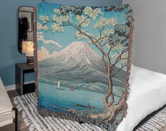 Japanese Mountain Tapestry Blanket, Woven Wall Hanging Tapestry, Mount Fuji Takahashi, Hokusai Style Woven Blanket, Japanese Décor, Ukiyo-e