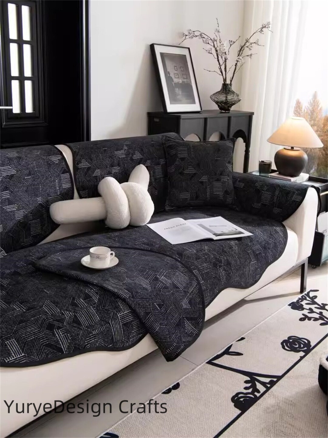 Black Loose Covers, Irregular Shape Sofa Slipcover, Nonslip Chenille
