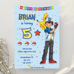 Bewerkbare cartoon verjaardagsuitnodiging sjabloon, kinderverjaardagsuitnodiging, Pikachu verjaardagsfeestjesuitnodiging, Pokemon uitnodiging sjabloon