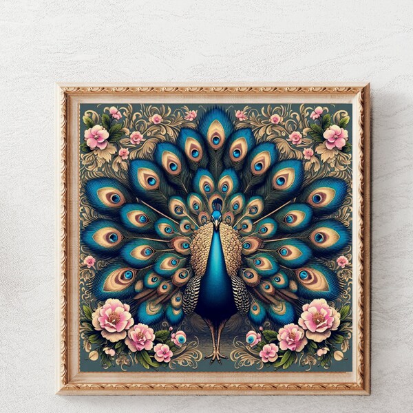 Digital painting, peacock, elegance, color palette, blue and pink, sophistication, peacock wall art, digital prints, animal wall art