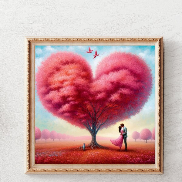 digital wall art, heart-shaped tree, romance, kissing couple, birds, vintage style, love, elegance.