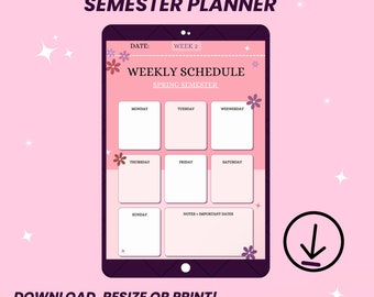 Può includere: Un planner digitale per studenti universitari con sfondo rosa e bianco. Il planner ha un programma settimanale con spazi per ogni giorno della settimana. Il testo "WEEKLY SCHEDULE" e "SPRING SEMESTER" è in cima al planner. Il testo "DOWNLOAD, RESIZE OR PRINT!" è in fondo al planner.