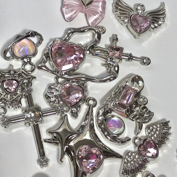 Y2k pendant charms, silver trendy pink jewelry, handmade DIY jewelry beads metal
