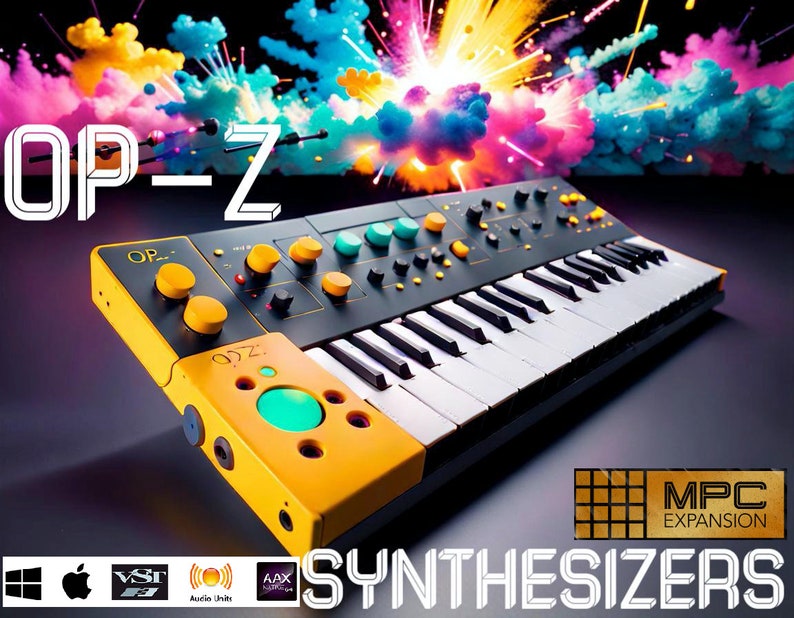 May include: A yellow and black synthesizer with a keyboard and knobs. The synthesizer is labeled "OP-Z" and is part of an MPC Expansion for synthesizers. The image has a colorful background with explosions of color.