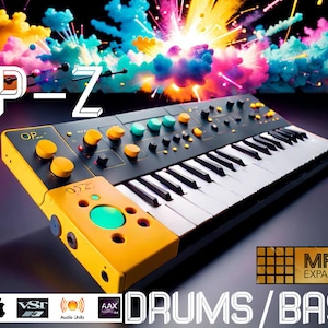 Puede incluir: Un teclado de sintetizador amarillo y negro con el texto "OP-Z" en la parte delantera. El teclado está rodeado de humo y chispas de colores. El texto "DRUMS/BASS" está debajo del teclado. El texto "MPC EXPANSION" está en la esquina superior derecha de la imagen.