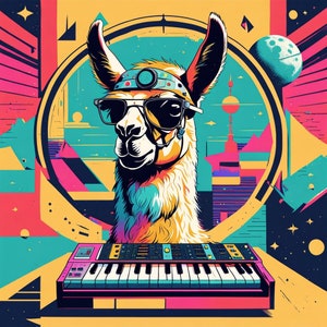 May include: A colorful illustration of a llama wearing sunglasses and a headband with a light blue keyboard in front of it. The background is a geometric pattern with a circle in the center.