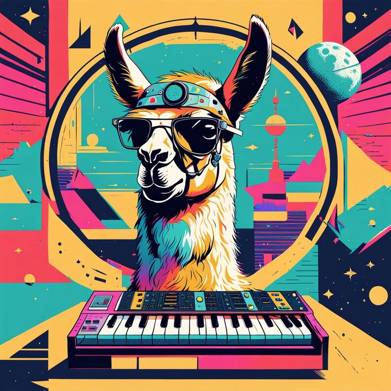 May include: A colorful illustration of a llama wearing sunglasses and a headband with a light blue keyboard in front of it. The background is a geometric pattern with a circle in the center.