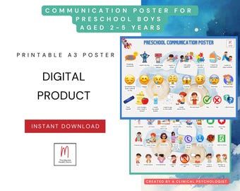 Peut inclure: Une affiche imprimable A3 pour les garçons d'âge préscolaire âgés de 2 à 5 ans. L'affiche présente un tableau de communication avec des images et des mots pour aider les enfants à s'exprimer. Le tableau comprend des émotions, des besoins et des actions. L'affiche est un produit numérique et est disponible en téléchargement instantané. L'affiche est créée par un psychologue clinicien.
