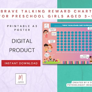 May include: A printable A3 poster reward chart for preschool girls aged 3-5. The chart features a pink and blue color scheme with a grid of circles for stickers. The chart includes phrases like "I can talk to my peers" and "Well done for talking".