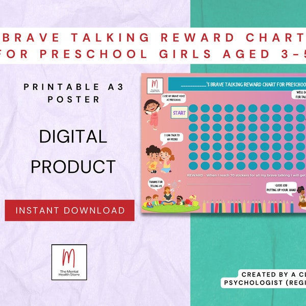 Brave Talking Reward Chart for Preschool Girls aged 3-5, Selective Mutism Chart, Girls Reward Chart, Digitial Download, Printable