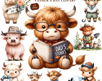 Baby Highland Cow Father's Day watercolor clipart for Scrapbooking, Invitation Cards, Greeting Cards, Digital Printing, and much more.