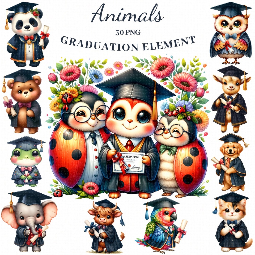 Animals Graduation Element, Watercolor Clipart for Scrapbooking ...