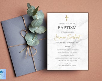 Baptism Invitation Template, Marble/Gold, Girl/Boy Baptism Invitation