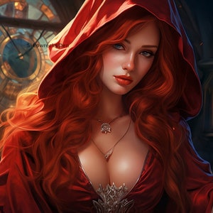 May include: A woman with long, flowing red hair wears a red hooded cloak. She has blue eyes and is wearing a silver necklace with a pendant.