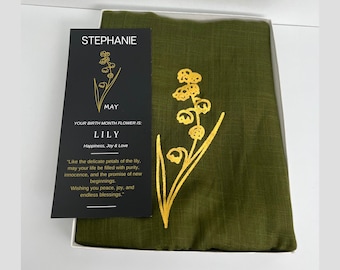 Lily May Personalized Birth flower gift, Unique gift for Birthday Her, Tassel Linen Scarf, Birthday gift for Mom, BFF, Sister, Wife