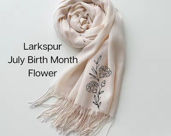 Larkspur July Custom Birth flower gift, Soft Linen tassel Scarf, Gift for mom, Birthday gift for her, best friends Gift, Mother gifts