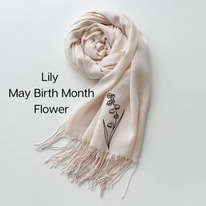 Écharpe unique en lin, mois de naissance, fleurs, écharpe à pampilles douces, cadeau pour maman, meilleure amie, cadeau soeur, cadeau d'anniversaire unique pour elle, écharpe, fête des mères