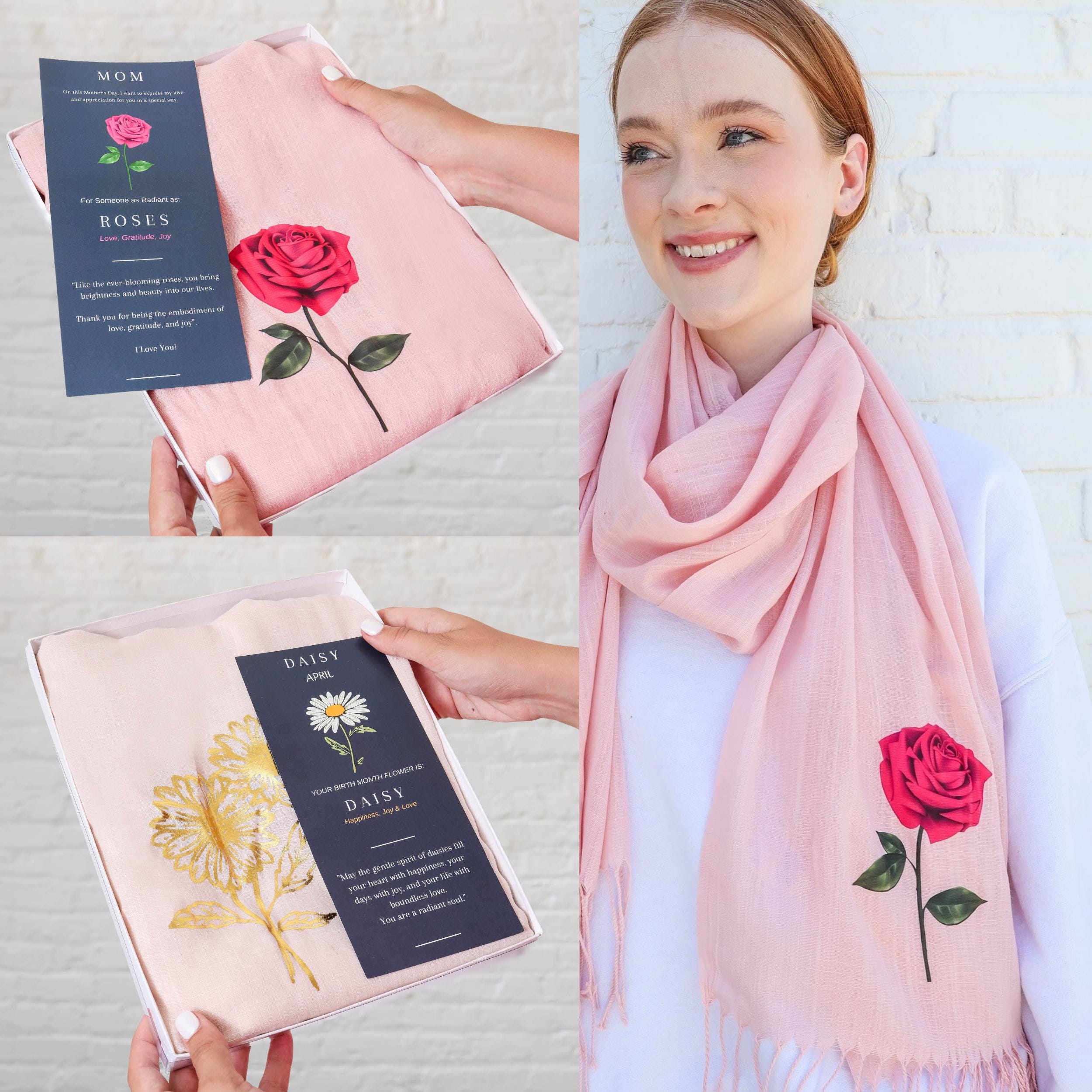 Unique Mom Birthday Gift, Personalized Birth Month flower gift, Soft Tassel Scarf, Birthday Gift for Mom, BFF, Sister, Daughter, Friend