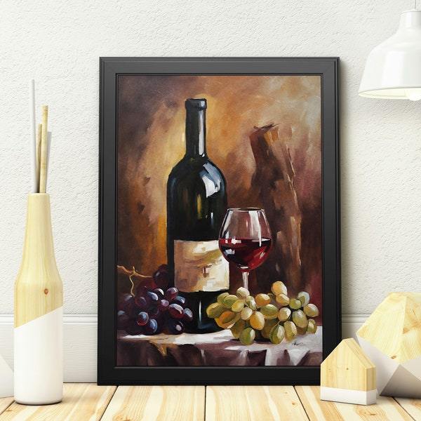 Red Wine Grapes Wall Art, Moody Oil Painting Print, Printable, Grapes Vintage Wall Art, Digital Download, Classic Wine Oil Painting