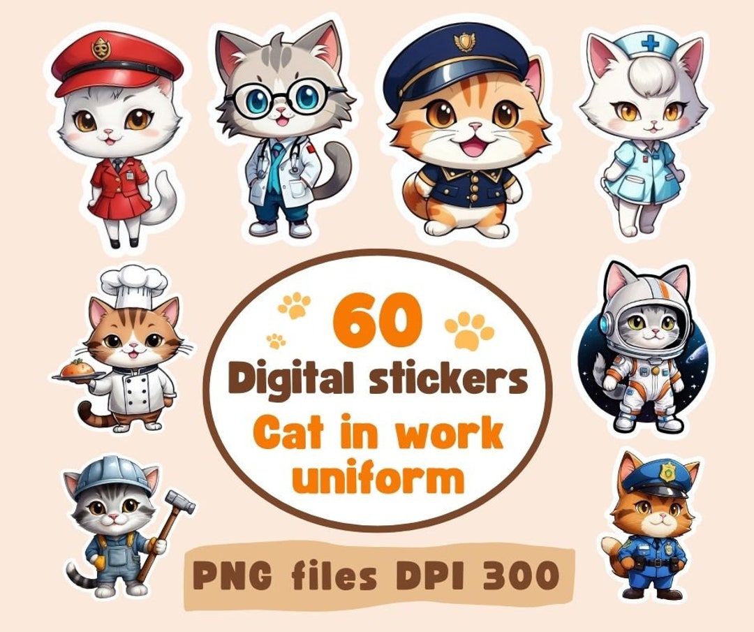 Cute Cat in Work Uniform PNG, Digital Stickers PNG, Stickers Bundle ...