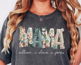 Comfort Colors Mama Shirt Personalized Kids Names, Floral Patchwork Mama Shirt, Custom Mom Gift, Personalized Mama Shirt, Floral Mama Shirt