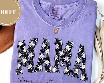 Personalized Mama Comfort Colors® Shirt With Kids Names, Floral Mama Tee Gift For Mom, Retro Mom Shirt, Custom Floral Mom Shirt, Mama Shirt