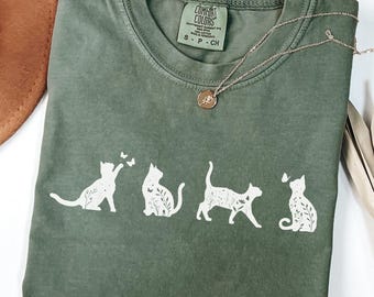 Comfort Colors® Floral Cat Shirt, Botanical Cat Mom Tee, Cute Cat Lover Gift, Cottagecore Cat Shirt, Wildflower Cat T-shirt For Her