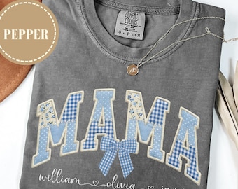 Personalized Mama Shirt With Kids Names, Comfort Colors® Mama Patchwork Bow Shirt, Custom Mom Gift Tee, Gift For Mom Shirt, Custom Mama Tee