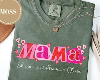 Personalized Mama Comfort Colors® Shirt With Kids Names, Trendy Ransom Letter Mom Tee, Retro Mama Tee Gift For Mom, Custom Mama Shirt