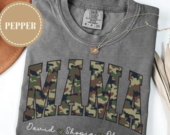 Personalized Camo Mama Shirt Comfort Colors®, Personalized Mom Shirt With Kids Names, Camouflage Varsity Mama Tee, Custom Family T-Shirt