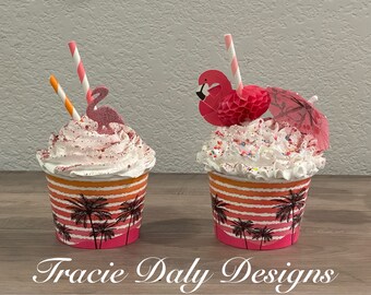 Tropical-Tropical fake bake-Sunset-Flamingos-Pink-Fake Bake treats-Fake Bake cups-Paper cups-Summertime-Summer Decor-Beach-Beach decor