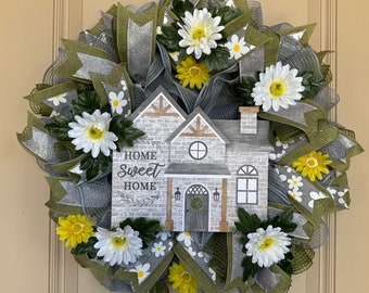 Couronne home sweet home - couronne de tous les jours - couronne toutes les saisons - home sweet home - gris- vert- marguerite- guirlande de marguerites-fleurs