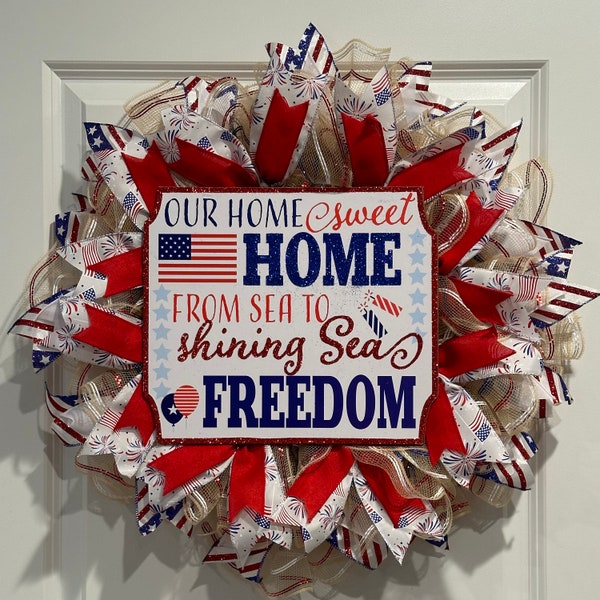 Patriotic wreath-Red White & Blue- Memorial Day Wreath- July 4th wreath- welcome wreath-stars-welcome-Red white and blue wreath-brave