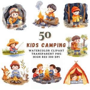 Crianças Acampando Aquarela PNG | Clipart de Aventura ao Ar Livre | Arte de Berçário de Acampamento | Download Digital de Tenda e Fogueira