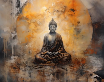 May include: A painting of a meditating Buddha in a golden robe, sitting on a lotus flower. The background is a swirling mix of orange, yellow, and brown colors, creating a sense of peace and tranquility.