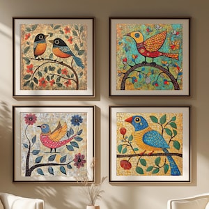 Set of 4 Birds, Madhubani Art, Indian Folk Art, Bird Art, Vintage Poster, Living Room Decor, Wall Art, Digital Download, Wall Art Printable