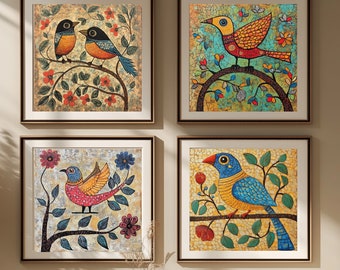 Set of 4 Birds, Madhubani Art, Indian Folk Art, Bird Art, Vintage Poster, Living Room Decor, Wall Art, Digital Download, Wall Art Printable