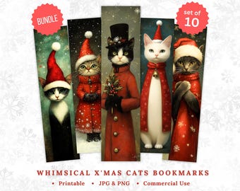 May include: Set of 10 whimsical Christmas cat bookmarks. Each bookmark features a different cat dressed in festive attire, including Santa hats and red coats. The text "WHIMSICAL X'MAS CATS BOOKMARKS" is displayed at the bottom.
