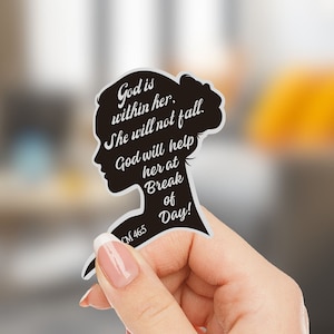 Adesivo "Dio è dentro di lei", adesivo "Non verrà mai meno", adesivo con citazione del versetto della Bibbia, adesivo religioso, etichetta cristiana, adesivo con silhouette di donna