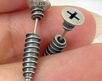 Screw Stud Earrings, Sterling Silver 925, Handmade Punk Ear Studs, Screw Earring Jewelry, Gothic Men Earrings, Unique Spike Earrings, Gift